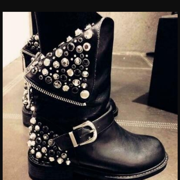 SOLD MERCARI-Punk Rivet Rhinestone Mid Calf Leather Boots - Picture 6 of 10